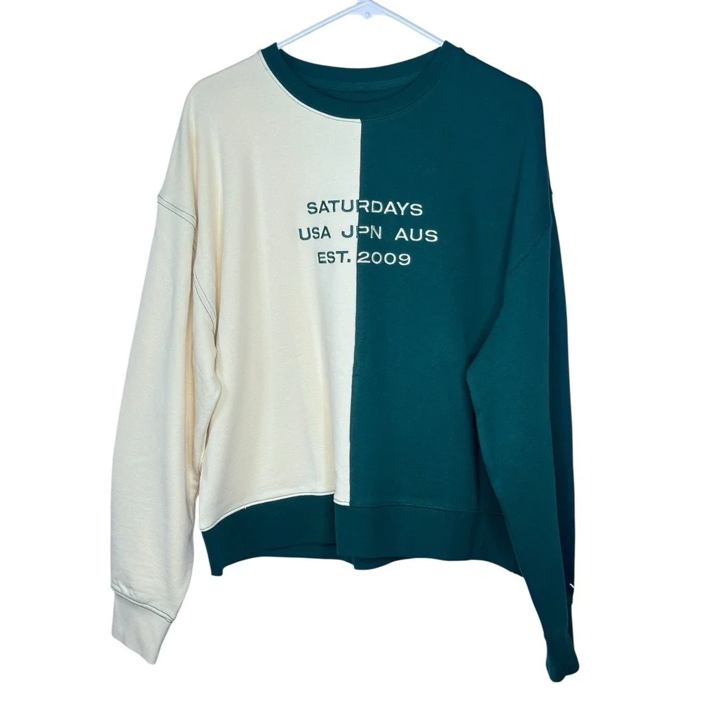 NEW Saturdays NYC Mens Sweatshirt Essex Crew Street Large L Green Ivory Mens - Picture 1 of 8